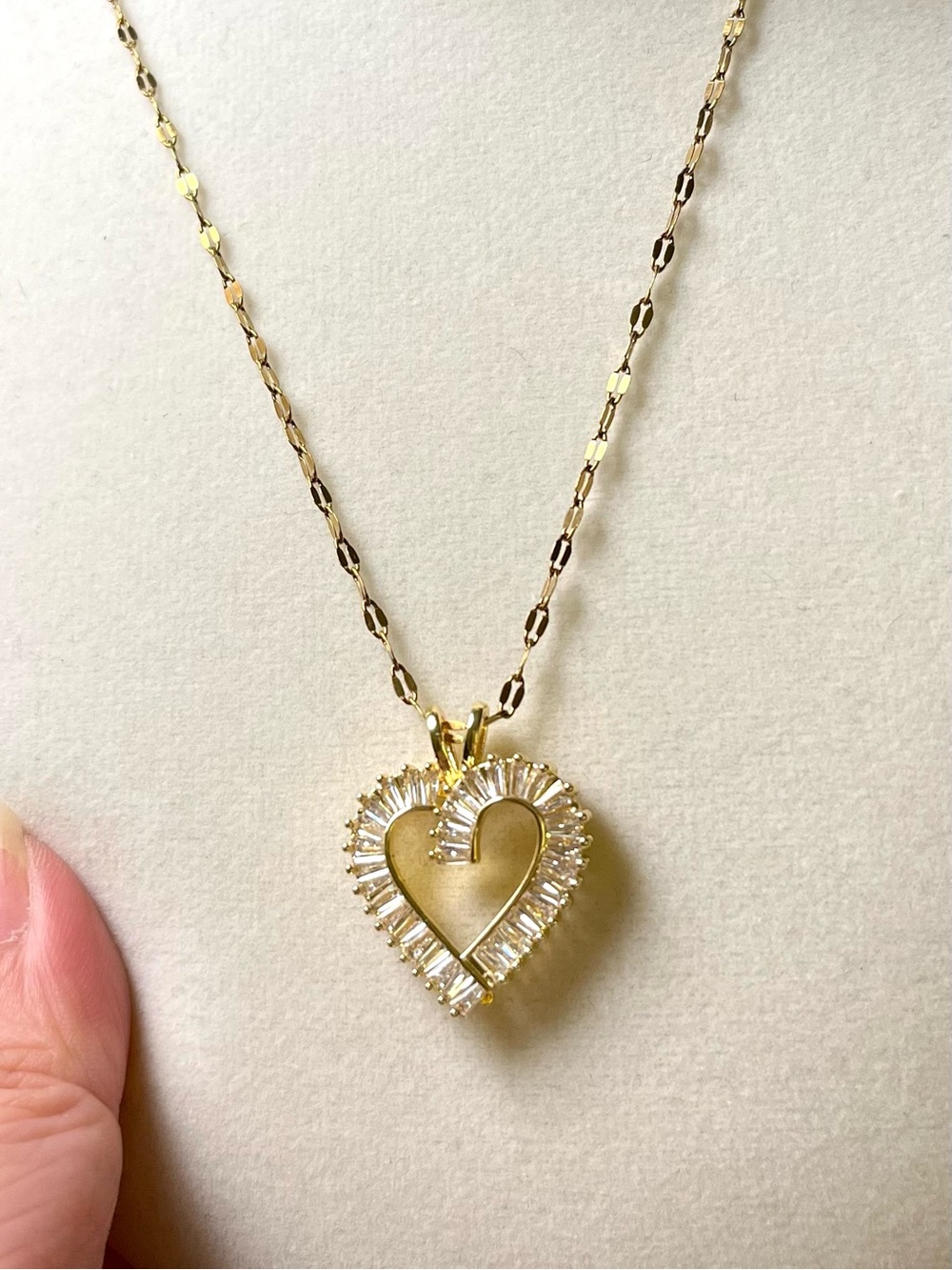 Gold Tone Baguette Rhinestone Open Heart Necklace